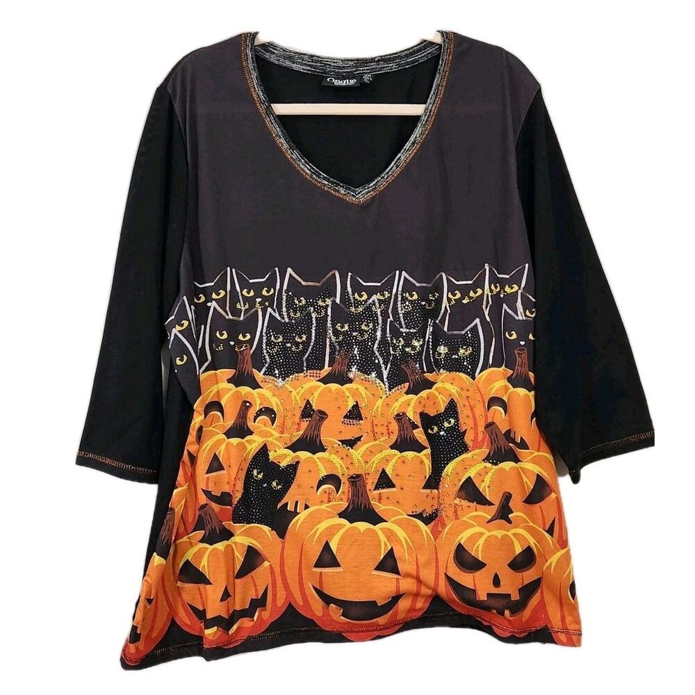 Sparkly Womens Halloween Top Tunic 2XL Embellished Cats Pumpkin Jewels Stretch